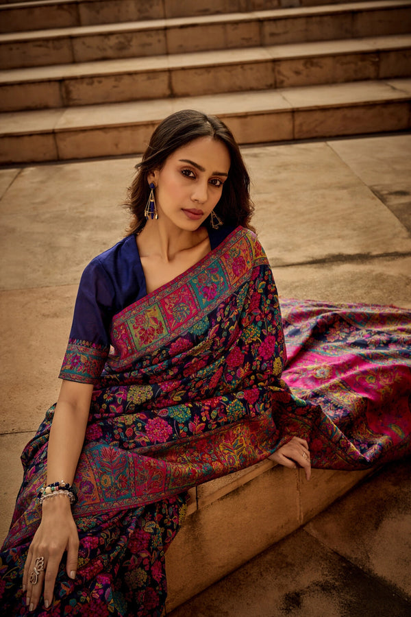 Blue traditional pashmina cotton saree with woven design