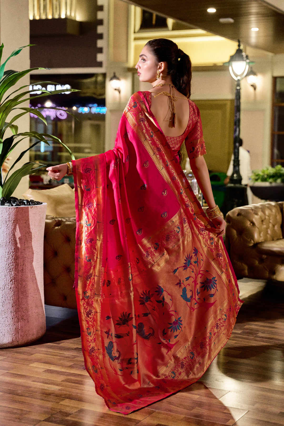 Traditional pink paithani silk saree with zari weaving work