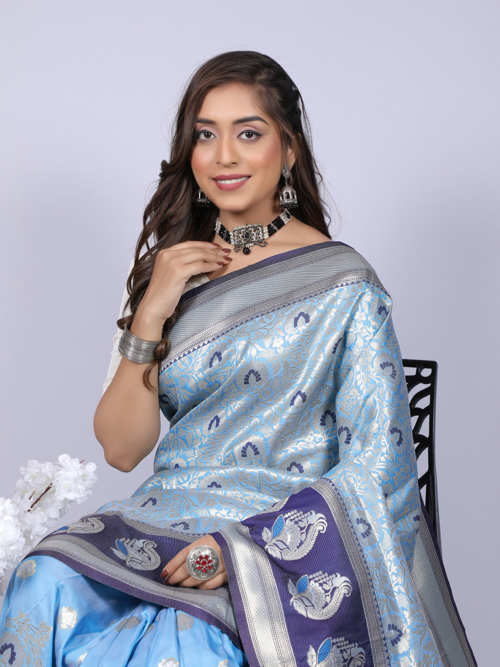 Sky blue color kanchipuram silk saree with zari weaving work