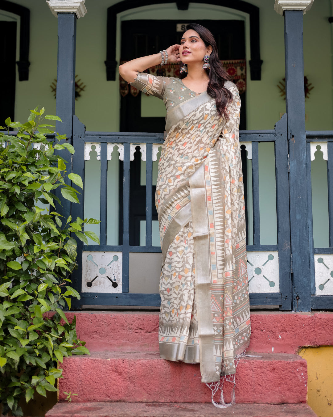 Beige summer special digital printed linen cotton saree