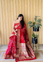 Red premium paithani bandhej silk bandhani saree with zari weaving work