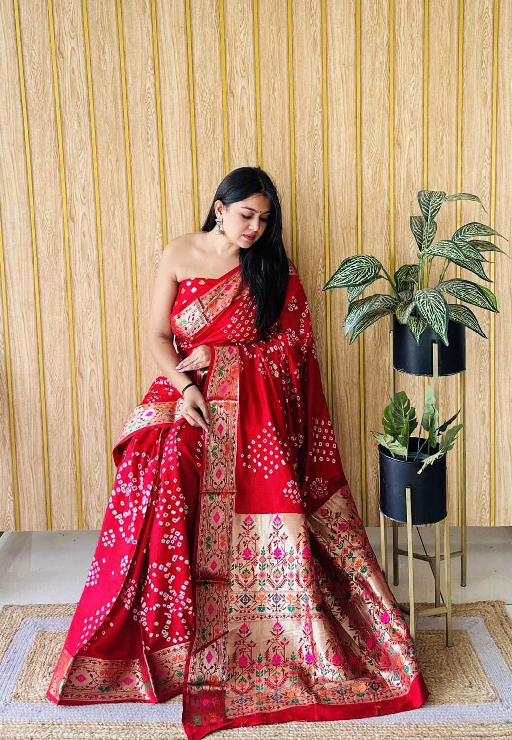 Red premium paithani bandhej silk bandhani saree with zari weaving work