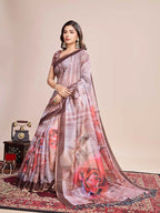 Brown soft linen cotton saree with floral printed work
