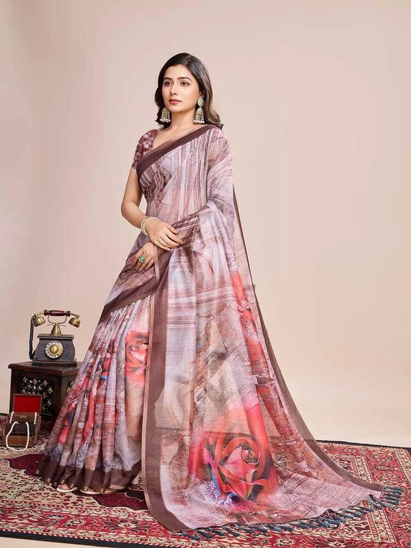 Brown soft linen cotton saree with floral printed work