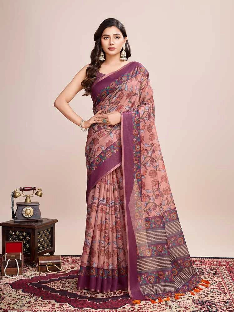 Multi soft linen cotton saree with kalamkari printed work