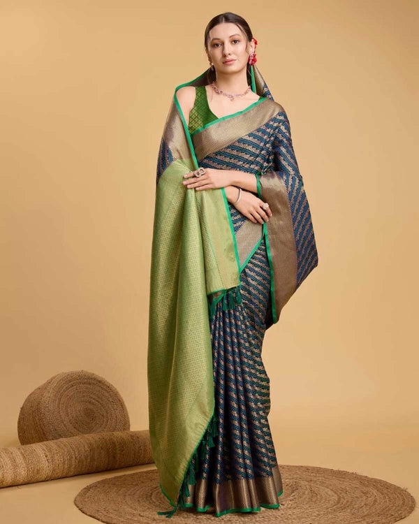 Navy blue color kanchipuram silk saree with zari woven work