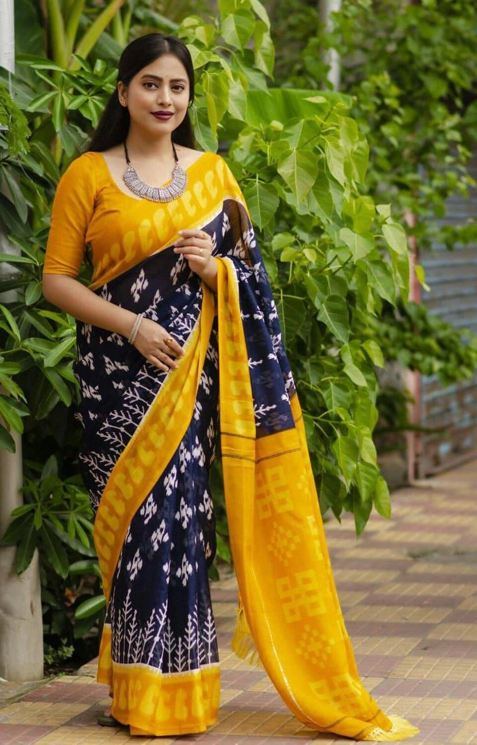 Black soft linen cotton saree with digital printed work