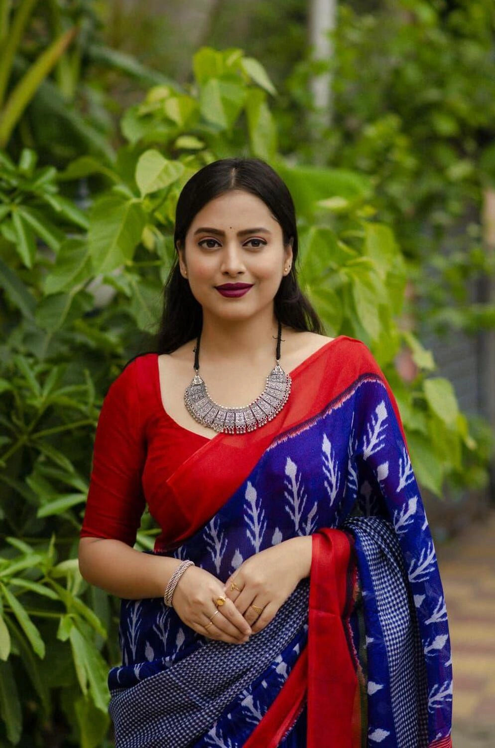 Blue soft linen cotton saree with digital printed work