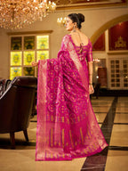 Rani pink soft organza silk saree with zari weaving work