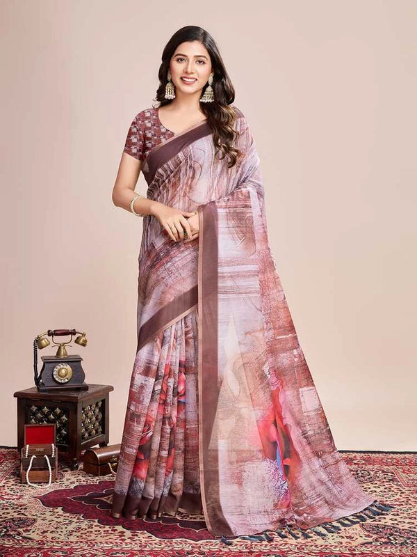 Brown soft linen cotton saree with floral printed work