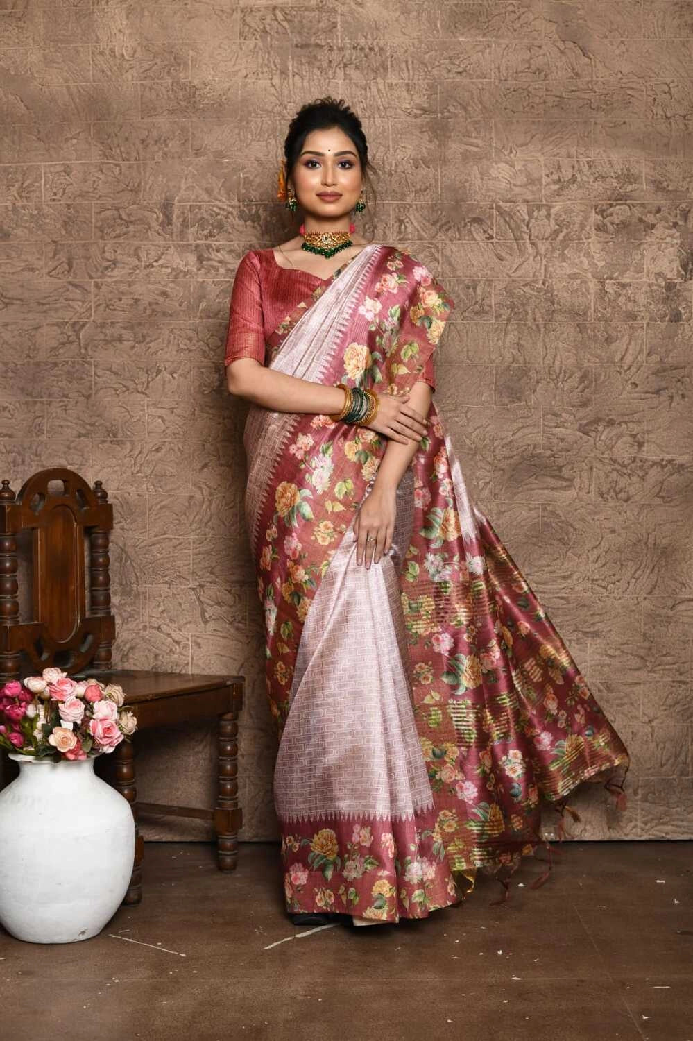 Pink color tussar silk saree with digital printed work