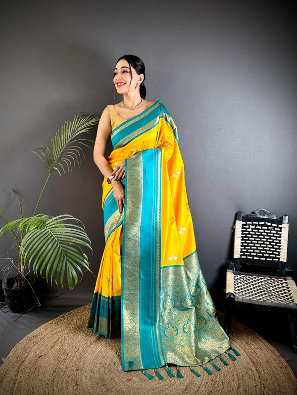 Yellow color soft silk saree with zari weaving work and contrast border