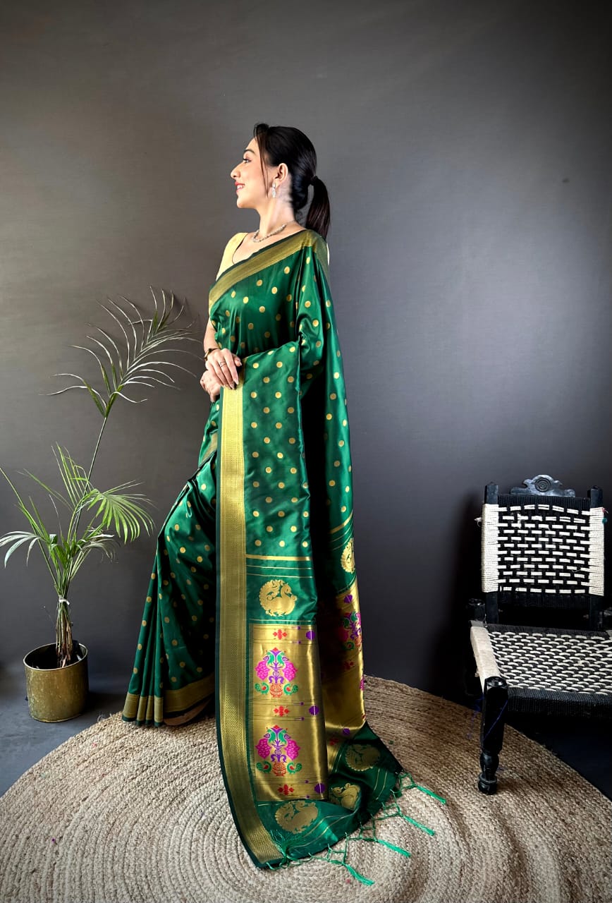 Green traditional paithani silk saree with zari weaving work