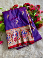 Purple traditional paithani silk saree with peacock zari weaving work