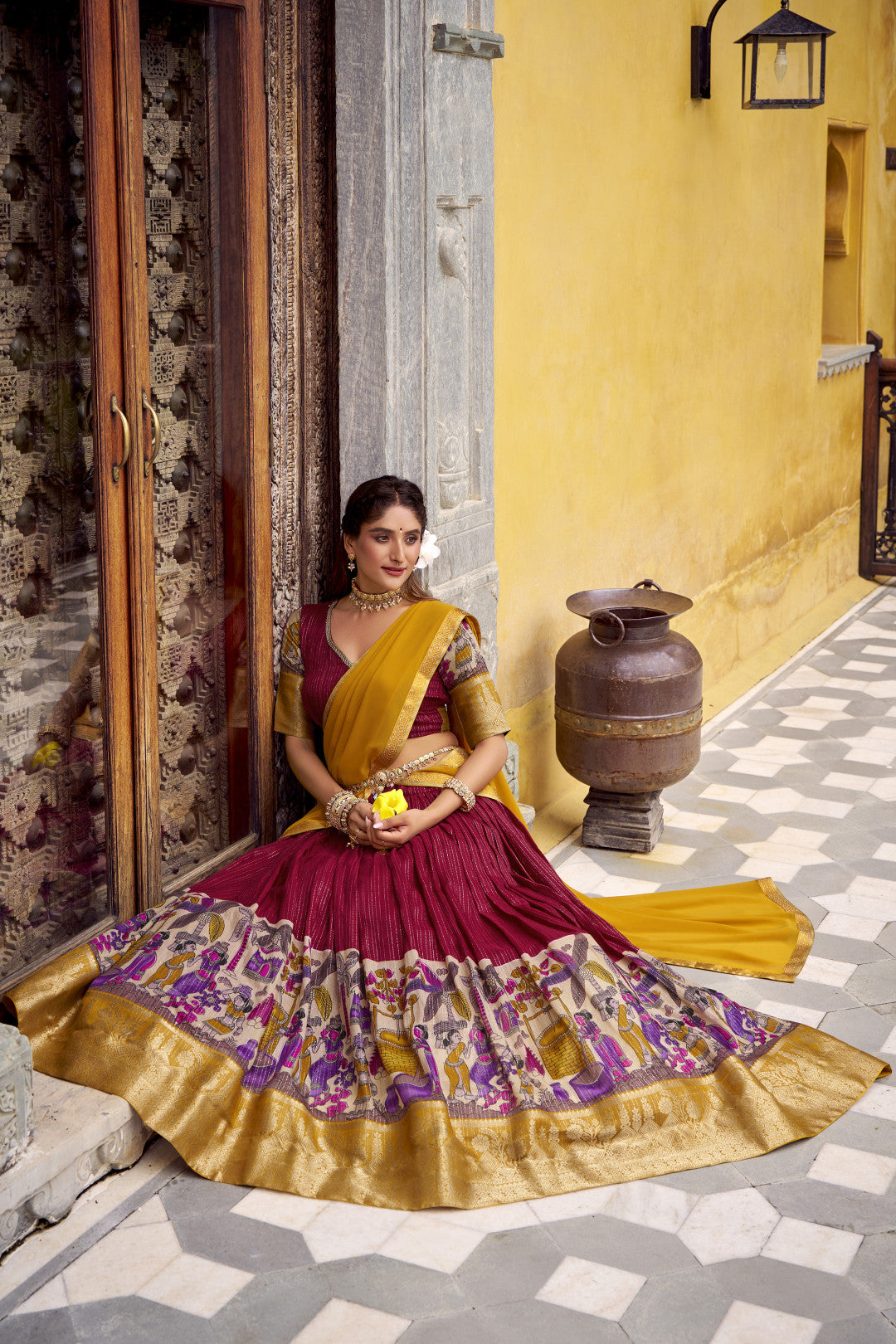 Traditional Kalamkari Printed Lehenga in Poly Chanderi with Zari Work & Georgette Dupatta