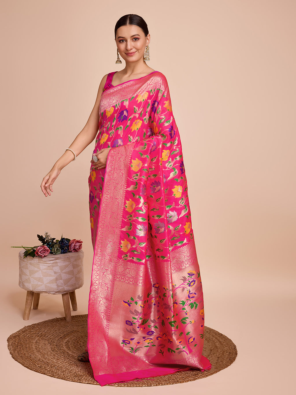 Rani pink color paithani silk saree with zari weaving work