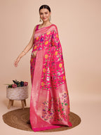 Rani pink color paithani silk saree with zari weaving work