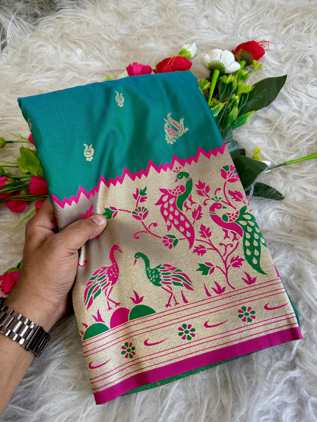 Rama green traditional paithani silk saree with peacock zari weaving work