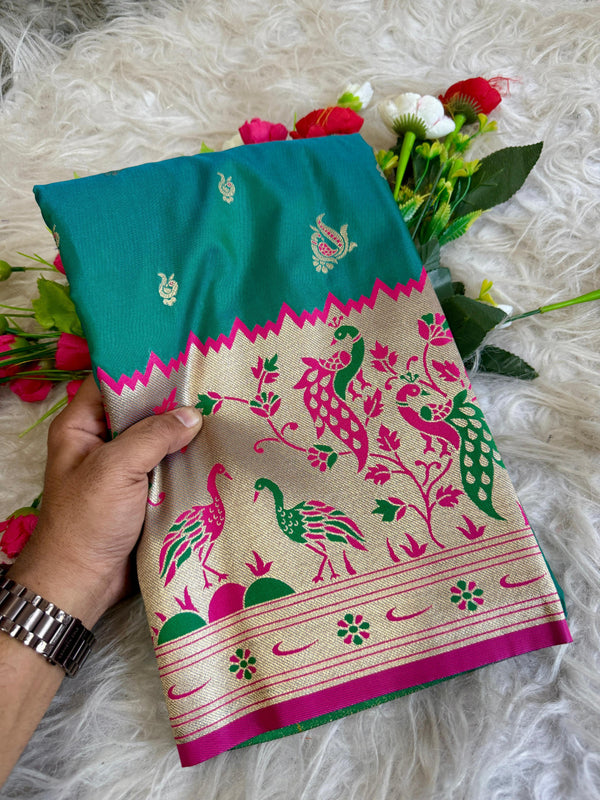Rama green traditional paithani silk saree with peacock zari weaving work