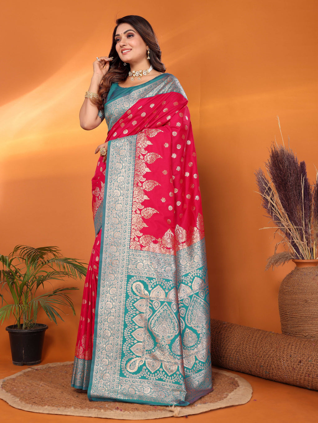 Rani pink traditional banarasi silk saree with zari weaving work