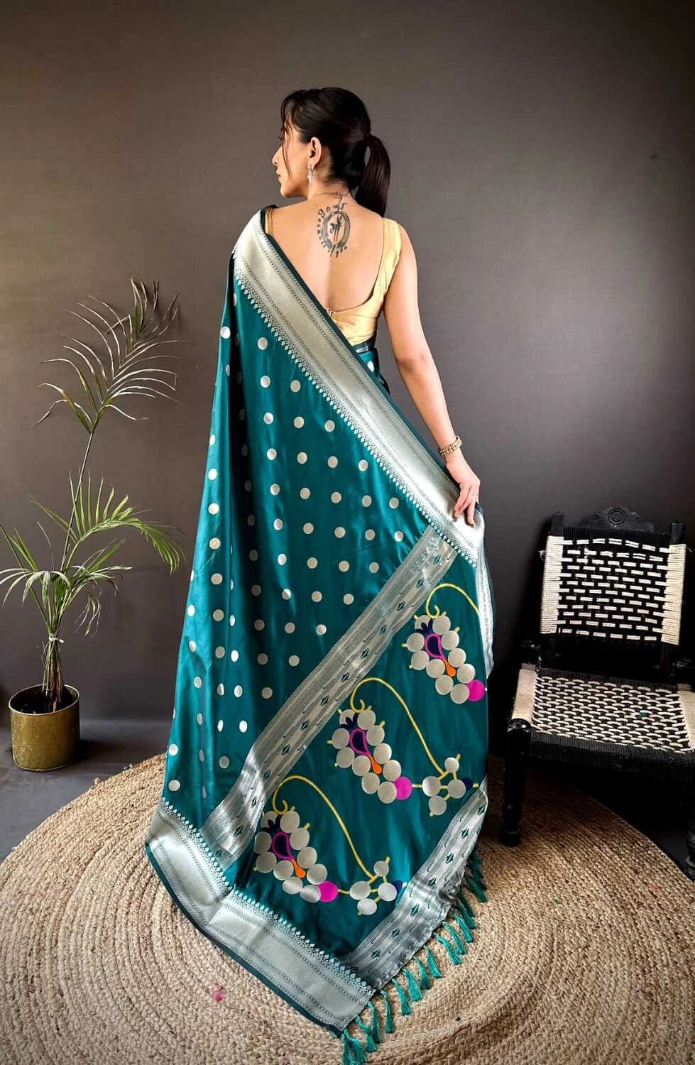 Rama green Nath paithani silk saree with zari weaving work
