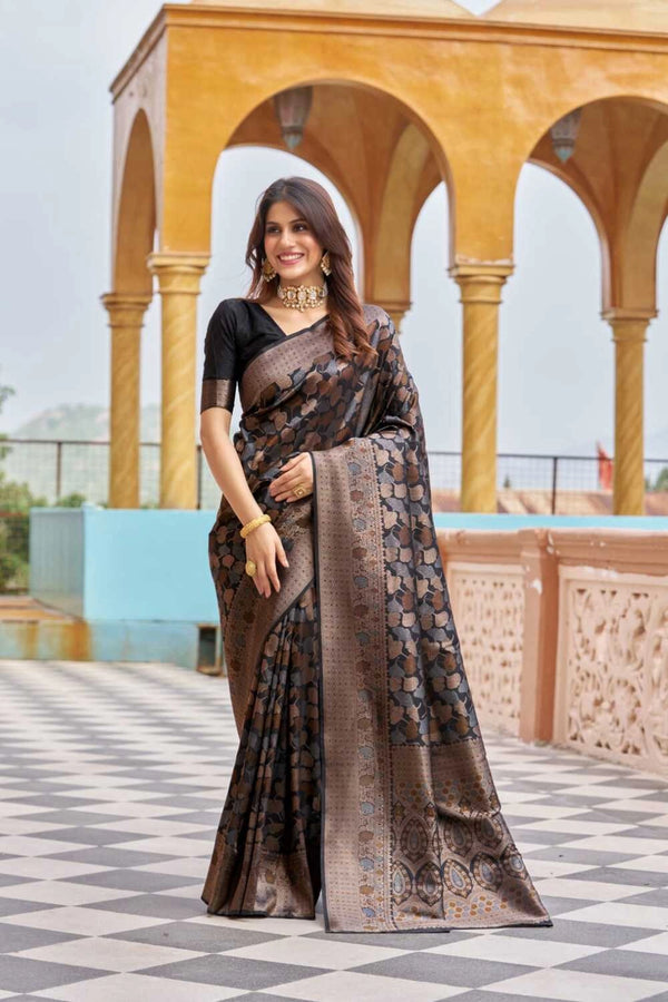 Black color kanjivaram silk saree with zari weaving work