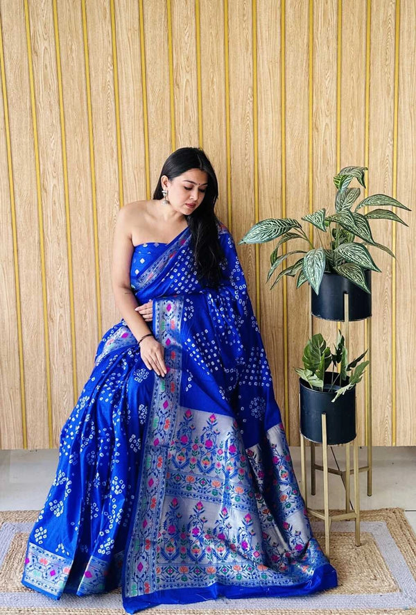 Royal blue premium paithani bandhej silk bandhani saree with zari weaving work