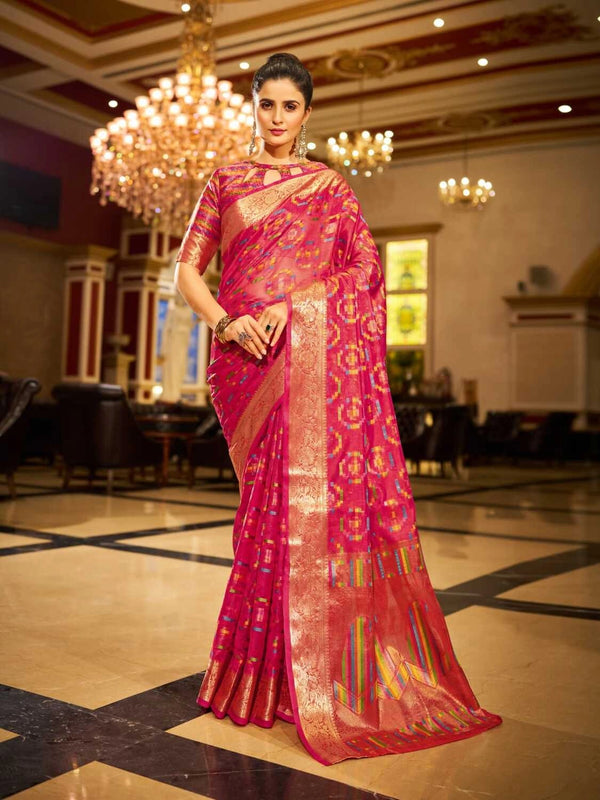 Pink soft organza silk saree with zari weaving work