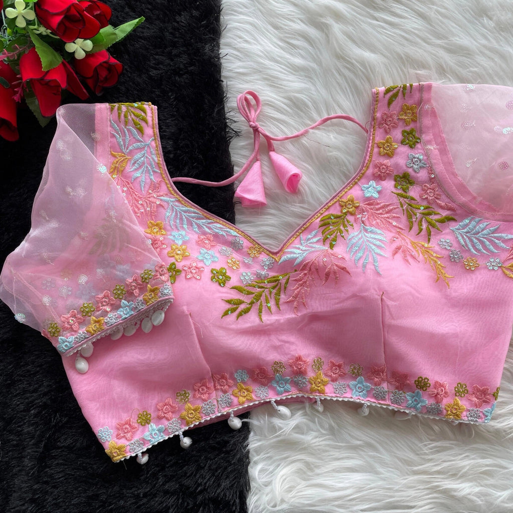 Baby pink fancy heavy net readymade blouse with embroidery work