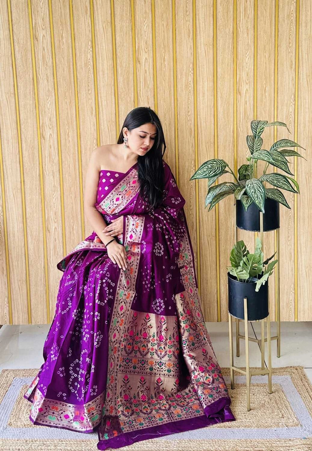 Magenta premium paithani bandhej silk bandhani saree with zari weaving work