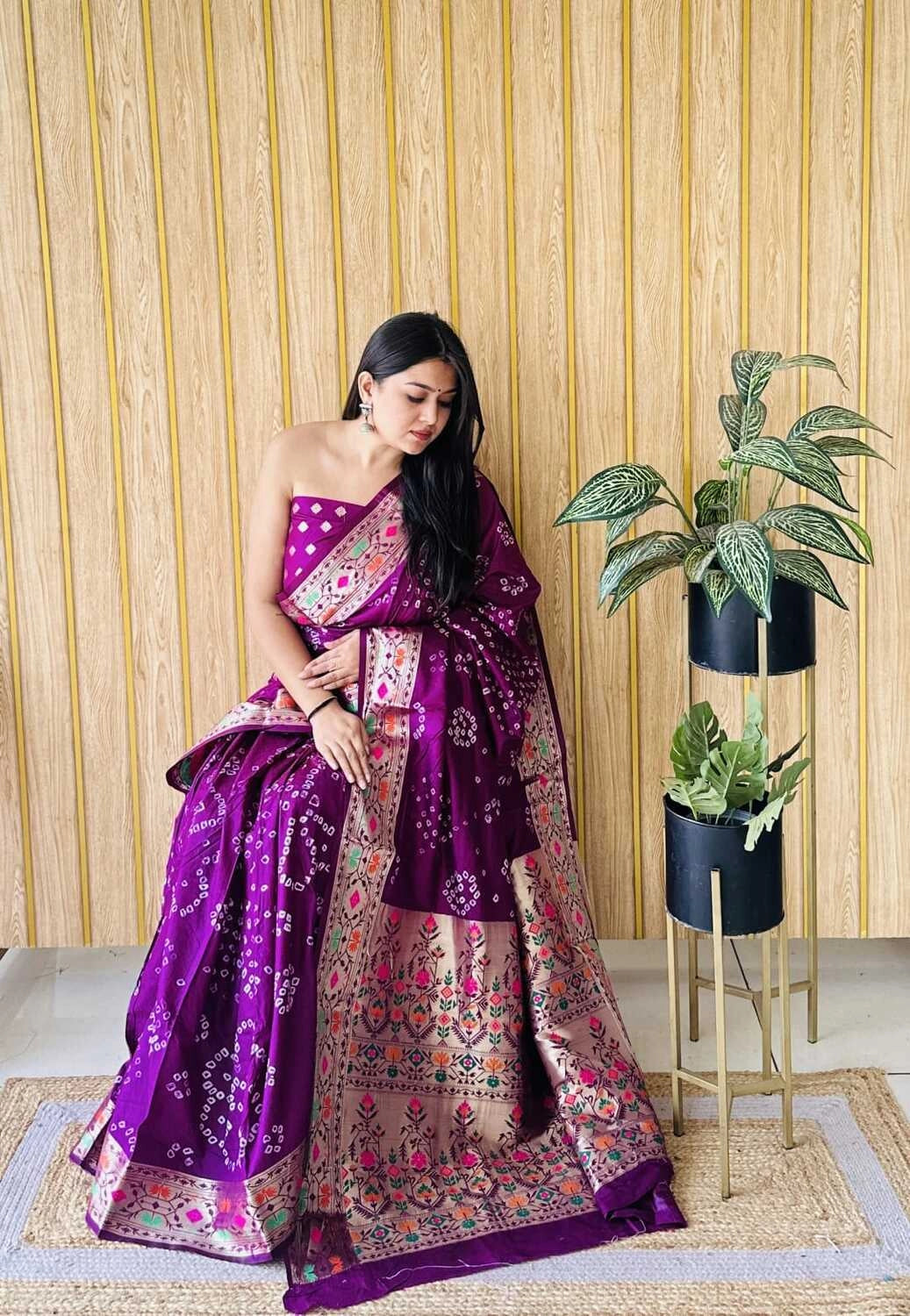 Magenta premium paithani bandhej silk bandhani saree with zari weaving work