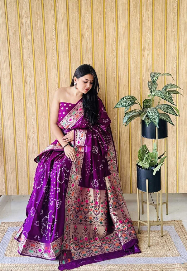 Magenta premium paithani bandhej silk bandhani saree with zari weaving work