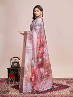 Brown soft linen cotton saree with floral printed work