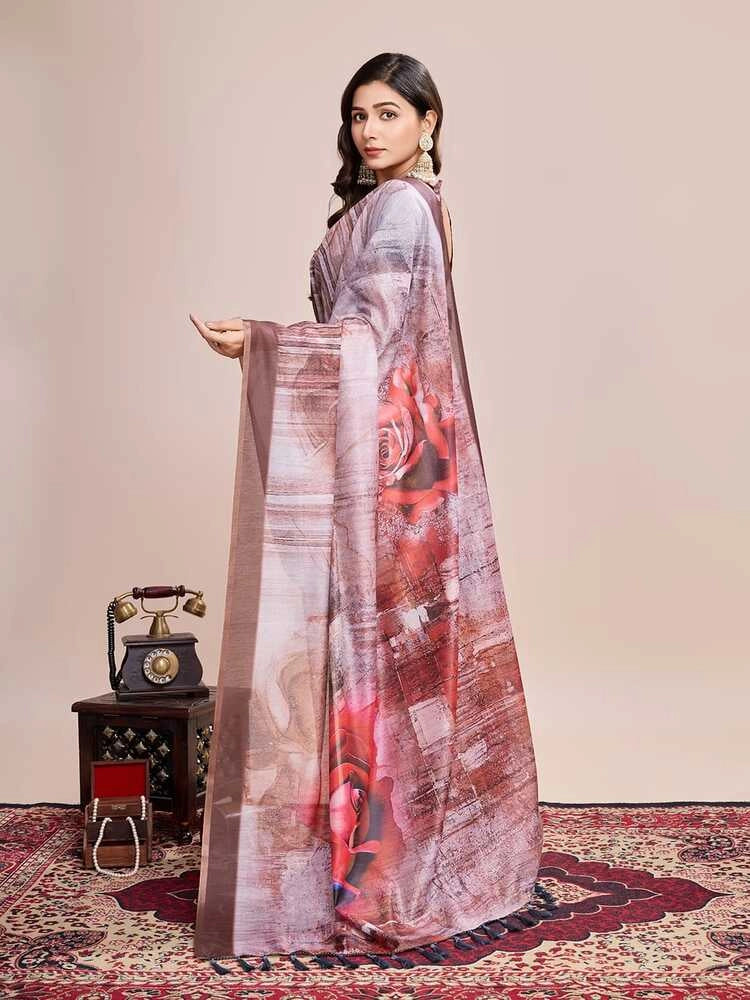 Brown soft linen cotton saree with floral printed work