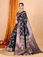 Black premium banarasi silk saree with meenakari zari weaving work