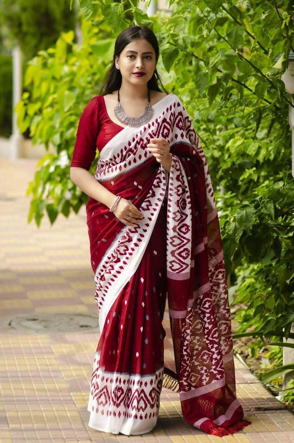 Maroon soft linen cotton saree with digital printed work