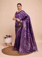 Golden & copper zari weaving with purple color soft silk banarasi saree