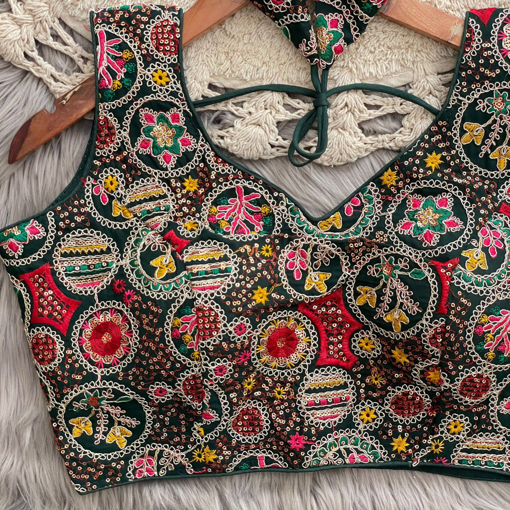 Green georgette fancy readymade blouse with embroidery and sequence work