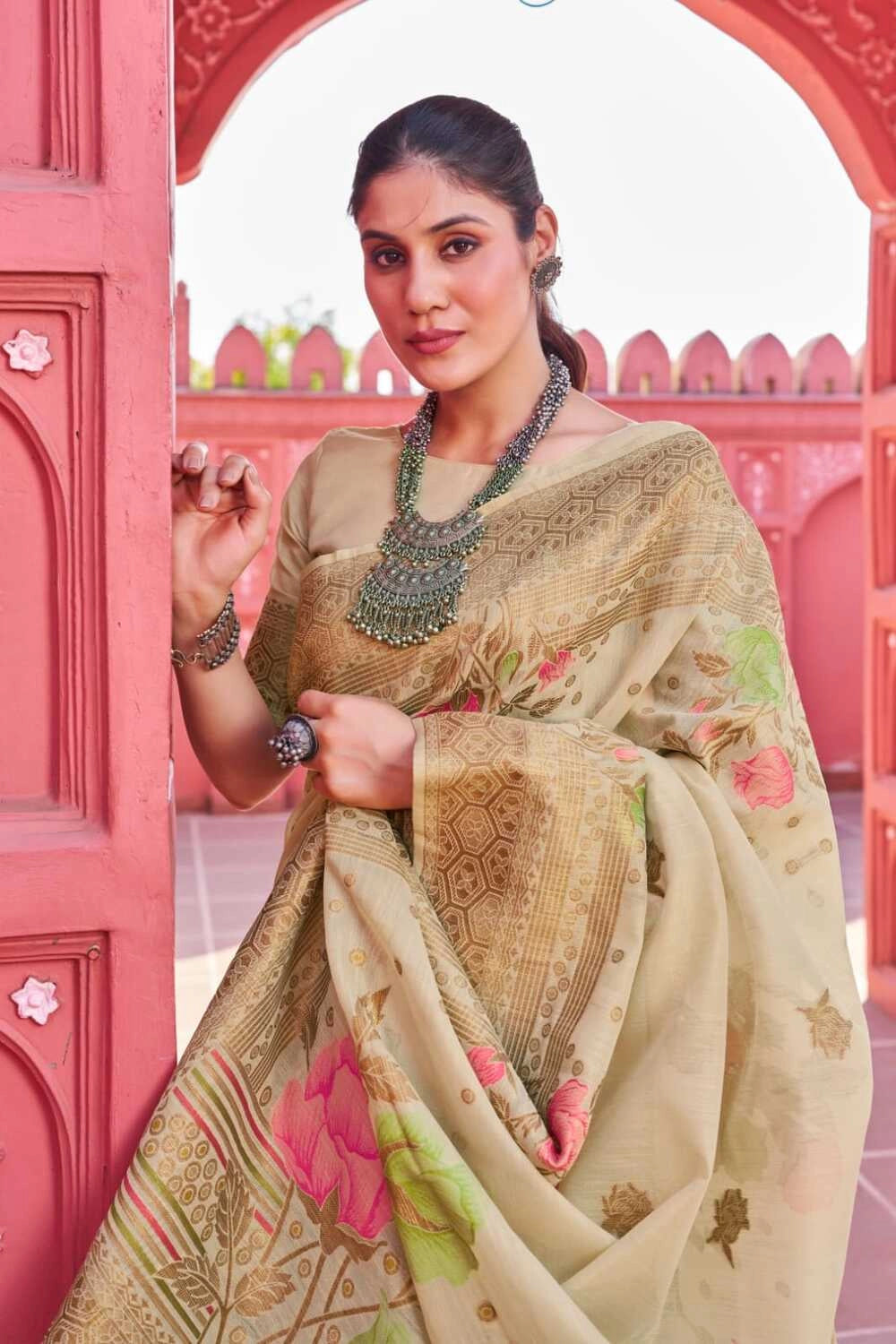 Fancy Beige color soft cotton saree with woven design