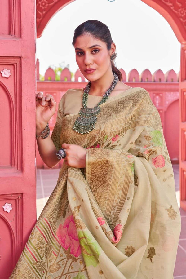 Fancy Beige color soft cotton saree with woven design