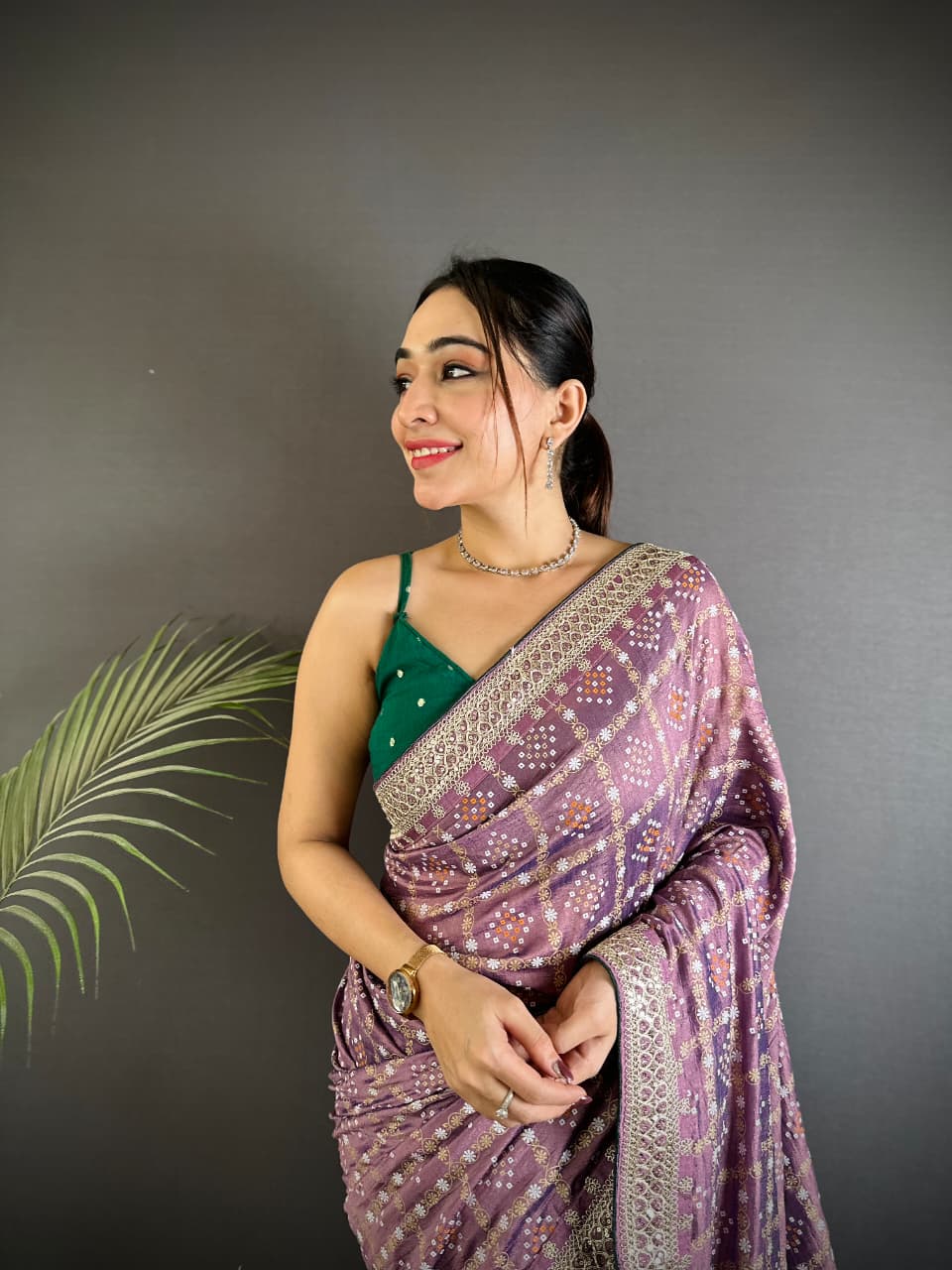 Lavender traditional blooming vichitra khadi bandhej silk saree with sequence work