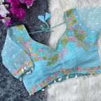 Sky blue fancy heavy net readymade blouse with embroidery work