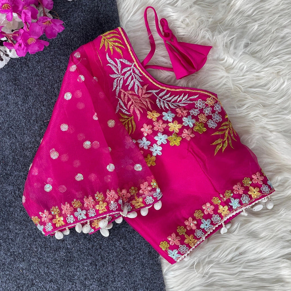 Rani pink fancy heavy net readymade blouse with embroidery work