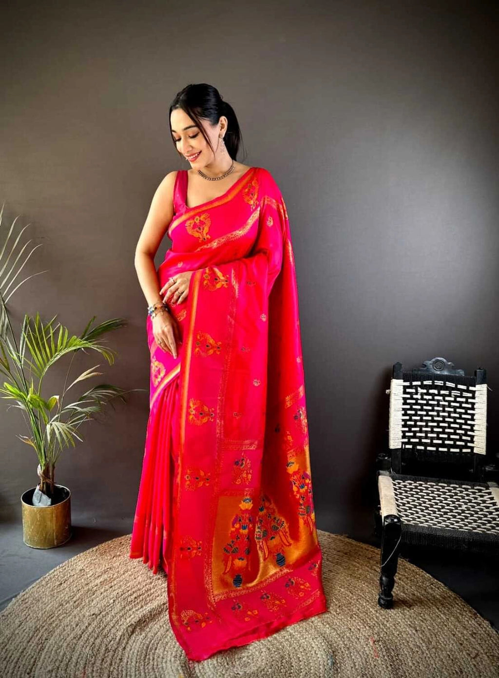 Rani pink traditional paithani silk saree with meenakari zari weaving work