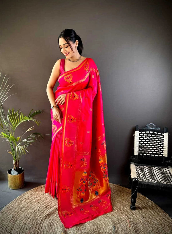 Rani pink traditional paithani silk saree with meenakari zari weaving work