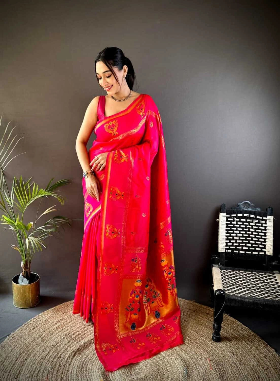 Red traditional paithani silk saree with meenakari zari weaving work