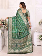 Green satin silk bandhej saree with zari weaving border & pallu