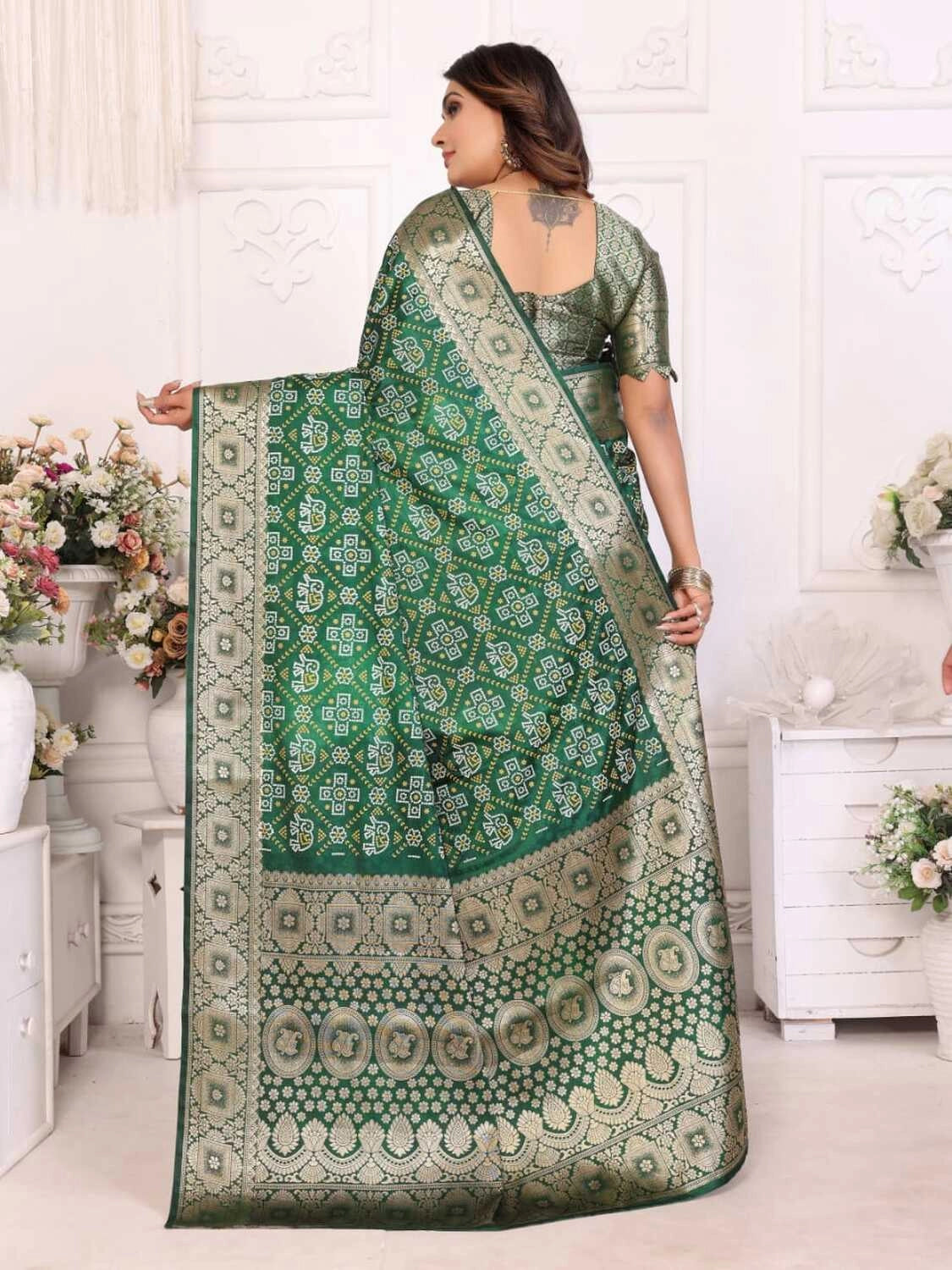 Green satin silk bandhej saree with zari weaving border & pallu