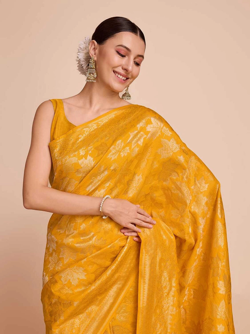 Golden & copper zari weaving with yellow color soft silk banarasi sareeee