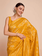 Golden & copper zari weaving with yellow color soft silk banarasi sareeee